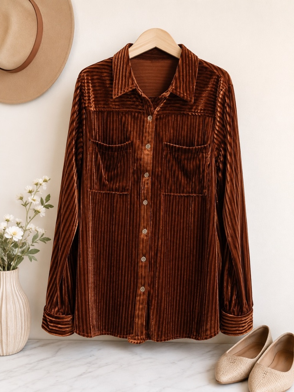 Umgee USA Copper Crushed Velvet Pleated Button Front Shirt Blouse Size M